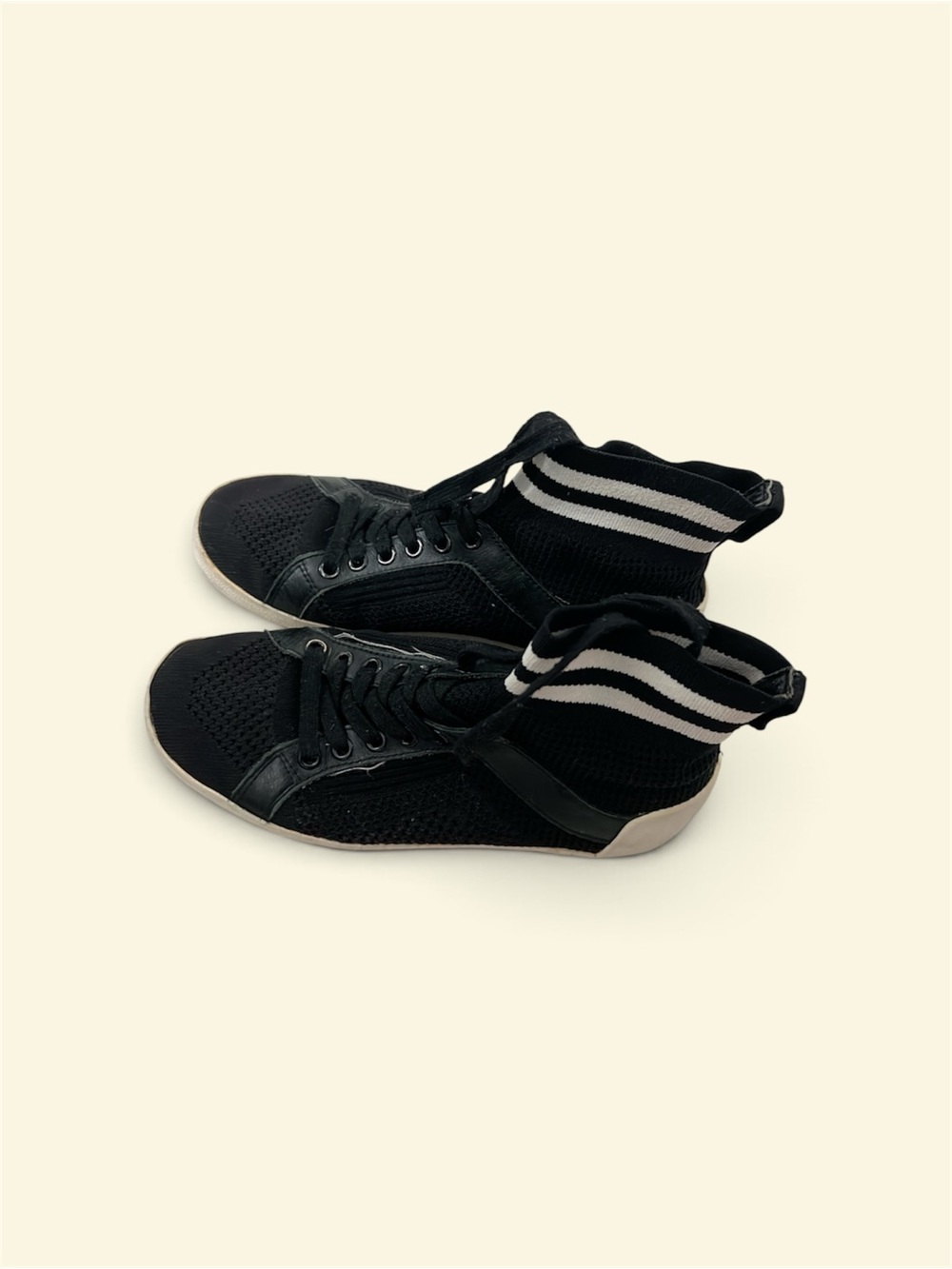 Ash Black Knit High-Top Sock Sneakers with White Stripe Cuff